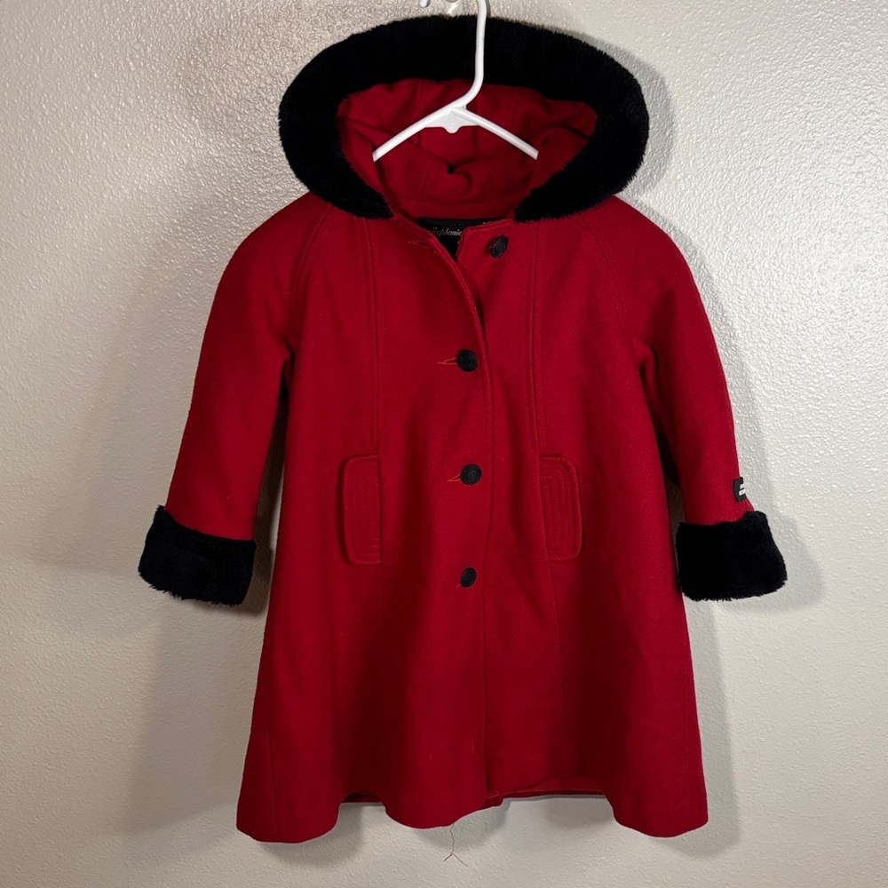 Wool Kids' Red Pea Coat with Black Trim